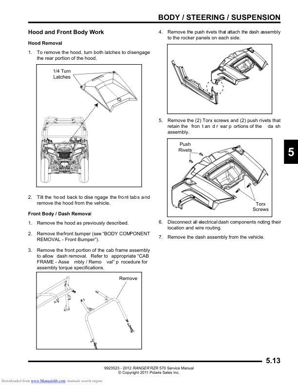 Polaris RZR 170 UTV Service Manual sample page with technical illustrations