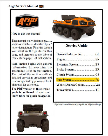 Argo XTV UTV Service Manual table of contents