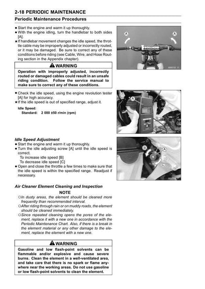 Kawasaki KX450F Motorcycle Service Manual sample page with diagrams and specifications