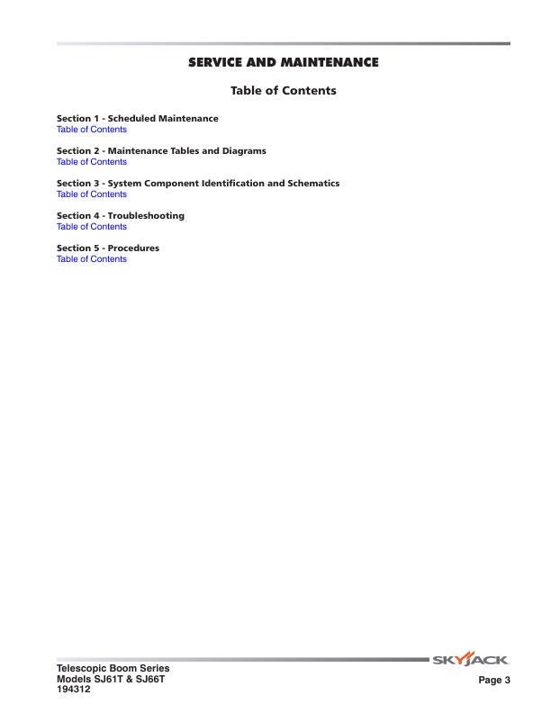 Skyjack SJ61T SJ66T Telescopic Boom Service Manual table of contents