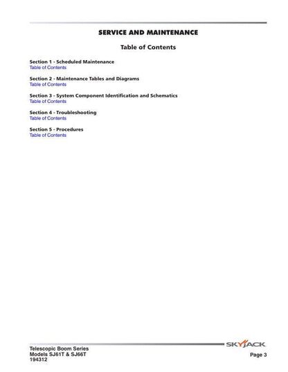 Skyjack SJ61T SJ66T Telescopic Boom Service Manual table of contents