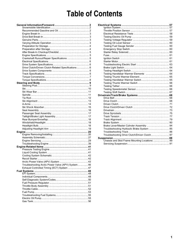 Arctic Cat Blast ZR LT XR Touring M 4000 Snowmobile Service Manual table of contents