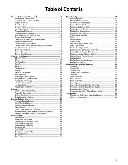 Arctic Cat Blast ZR LT XR Touring M 4000 Snowmobile Service Manual table of contents