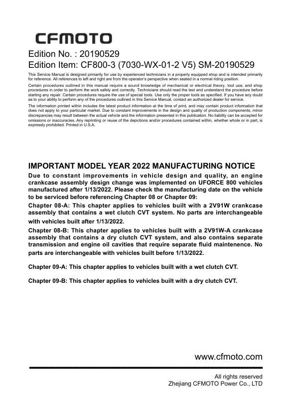 CFMOTO UFORCE 800 UTV Service Manual factory service manual title page