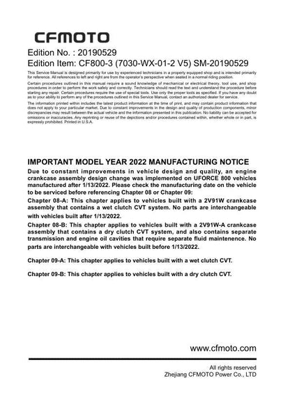 CFMOTO UFORCE 800 UTV Service Manual factory service manual title page