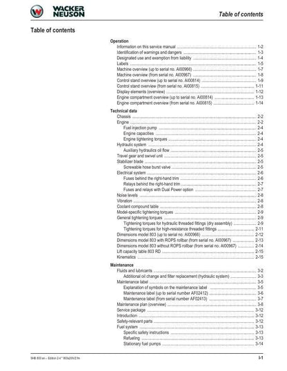 Wacker Neuson 803 Track Excavator Service Manual table of contents
