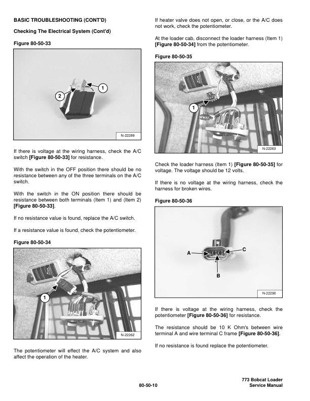 Bobcat 773G Skid Steer Loader Service Manual sample page with service data and tables