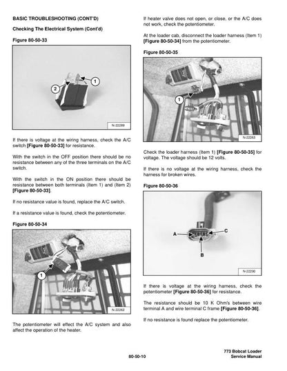 Bobcat 773G Skid Steer Loader Service Manual sample page with service data and tables