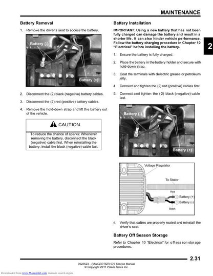 Polaris RZR 170 UTV Service Manual sample page with service data and tables