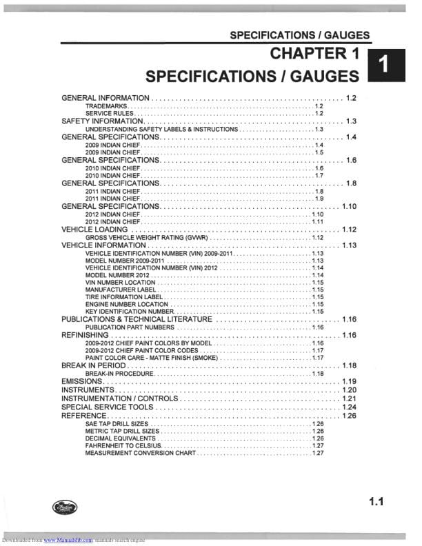 Indian Chief Classic Bomber Roadmaster Motorcycle Service Manual sample page from service manual