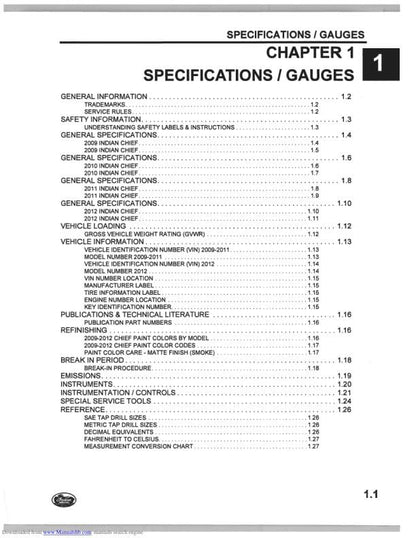 Indian Chief Classic Bomber Roadmaster Motorcycle Service Manual sample page from service manual