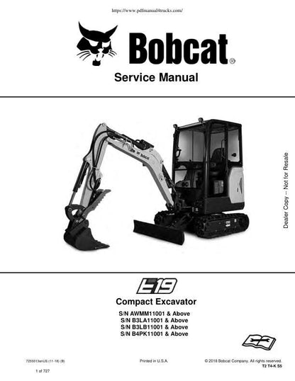 Bobcat E19 Compact Excavator Service Manual factory service manual title page