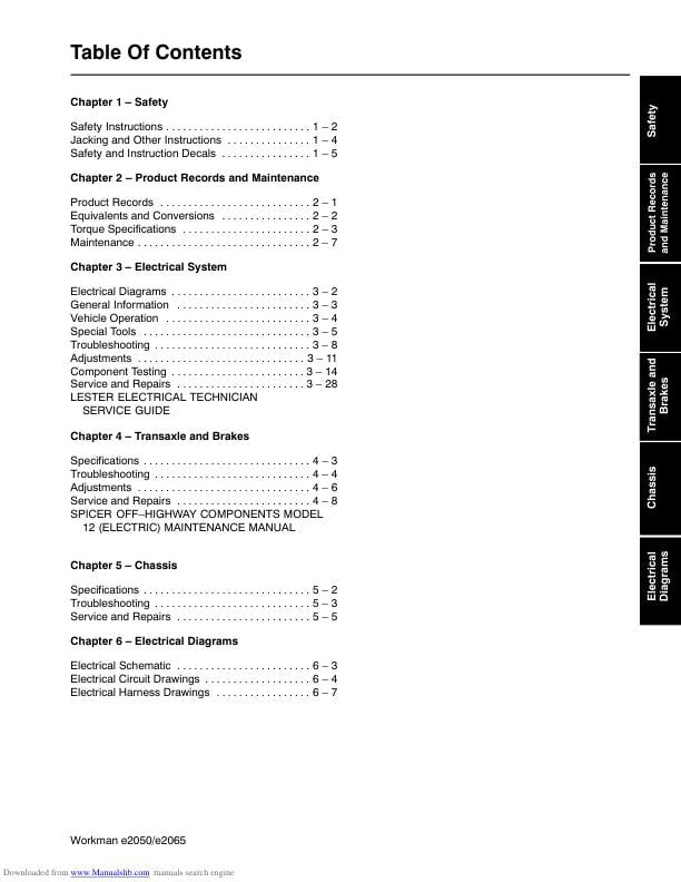 Toro Workman e2050 e2065 Mower Service Manual table of contents