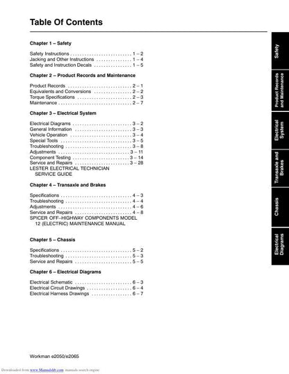 Toro Workman e2050 e2065 Mower Service Manual table of contents