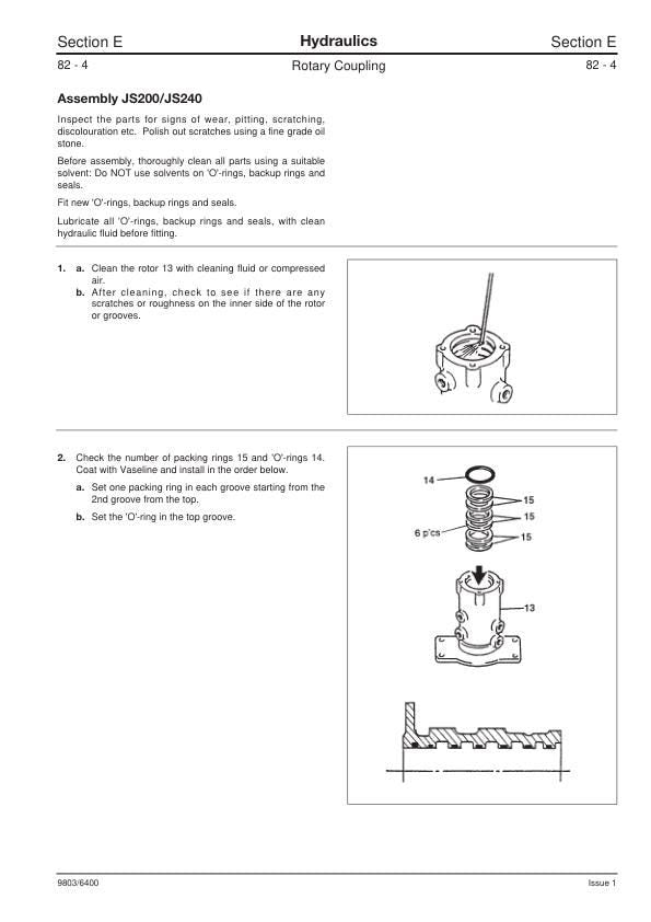 JCB JS 200 210 220 240 260 Tracked Excavator Service Manual sample page with technical illustrations