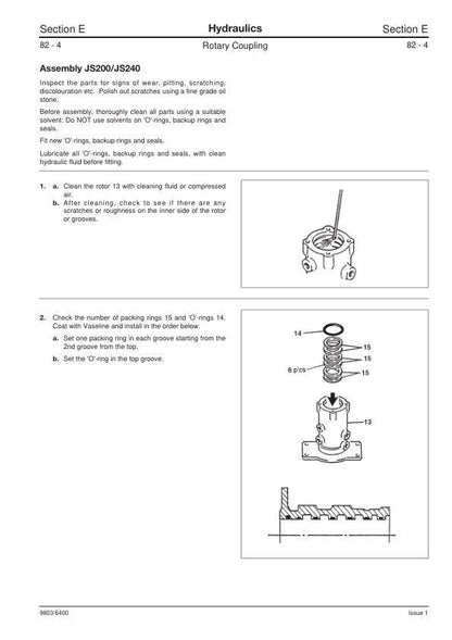 JCB JS 200 210 220 240 260 Tracked Excavator Service Manual sample page with technical illustrations