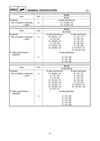 Yamaha 50G 60F 70B 75C 90A Outboard Service Manual sample page with diagrams and specifications