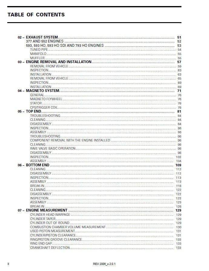 Polaris RMK Trail Switchback 600 900 Snowmobile Service Manual table of contents