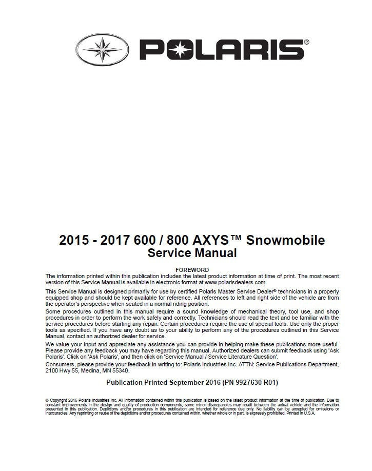 2015-2017 Polaris Rush Switchback XCR RMK 600 800 Snowmobile Service Manual | 2015-2017 - sample page 2