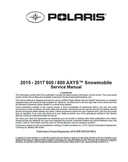 2015-2017 Polaris Rush Switchback XCR RMK 600 800 Snowmobile Service Manual | 2015-2017 - sample page 2