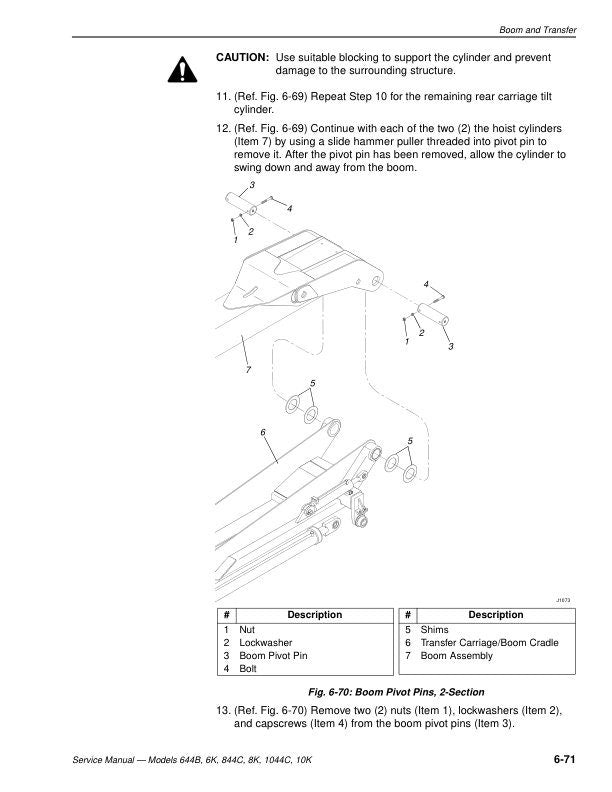 JLG Lull 644B 844C 1044C Telehandler Service Manual sample page with service data and tables