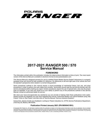 Polaris Ranger 500 570 UTV Service Manual factory service manual title page