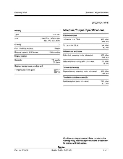 Genie S60 S55 S60HC Boom Lift Service Repair Manual sample page with technical illustrations