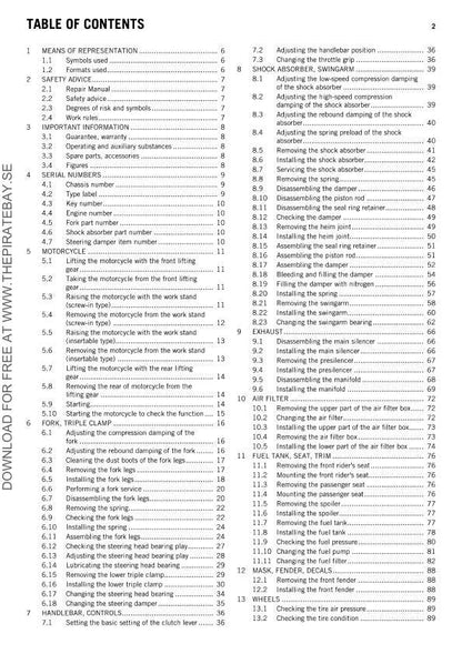 KTM 1290 Super Duke R Motorcycle Service Manual table of contents