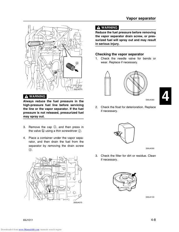 Yamaha F200C F225C Outboard Service Manual sample page with diagrams and specifications
