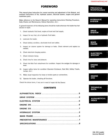 Bobcat 310 313 Skid Steer Loader Service Manual table of contents