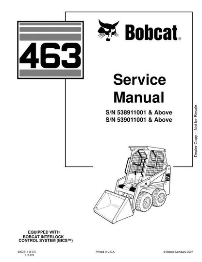 Bobcat 463 Skid Steer Loader Service Manual factory service manual title page