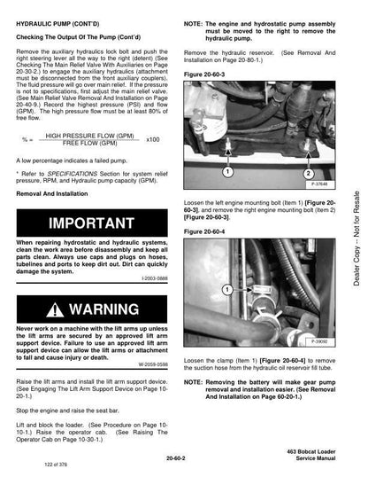 Bobcat 463 Skid Steer Loader Service Manual table of contents