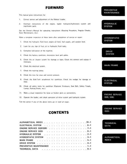 Bobcat 520 530 533 Skid Steer Loader Service Manual table of contents
