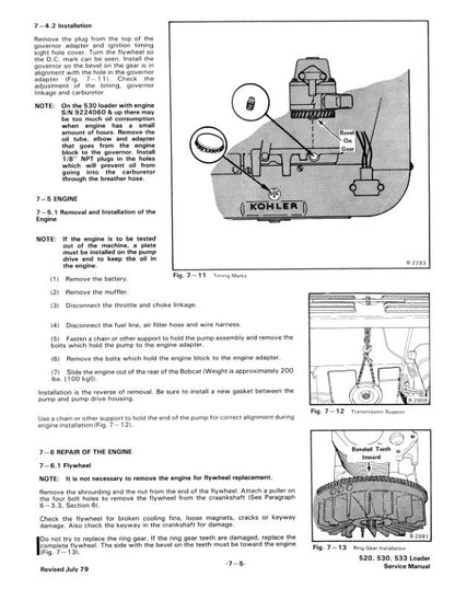 Bobcat 520 530 533 Skid Steer Loader Service Manual sample page with service data and tables