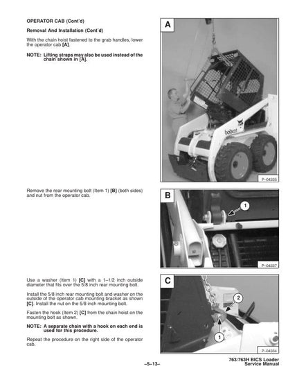 Bobcat 763 Skid Steer Loader Service Manual sample page with technical illustrations