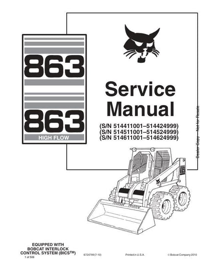 Bobcat 863 Skid Steer Loader Service Manual factory service manual title page