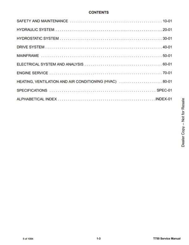 Bobcat T750 Compact Track Loader Service Manual table of contents