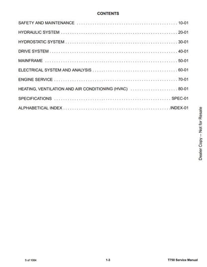 Bobcat T750 Compact Track Loader Service Manual table of contents