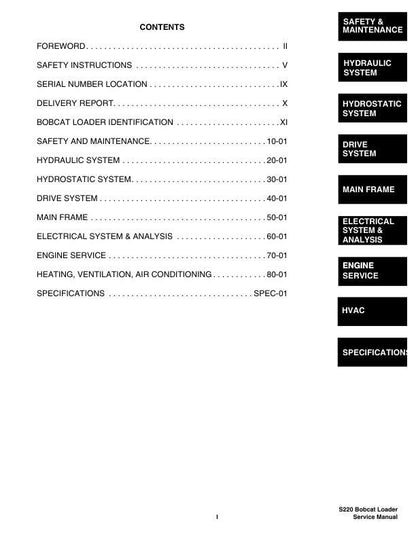 Bobcat s220 Skid Steer Loader Service Manual table of contents