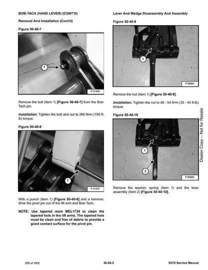 Bobcat S570 Skid Steer Loader Service Manual sample page showing repair procedures