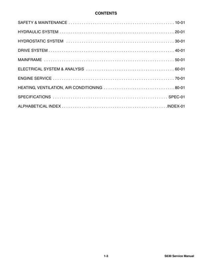 Bobcat S630 Skid Steer Loader Service Manual table of contents