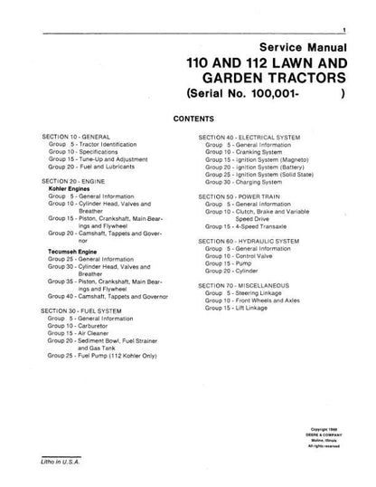 John Deere 110 112 Lawn Tractor Service Manual table of contents