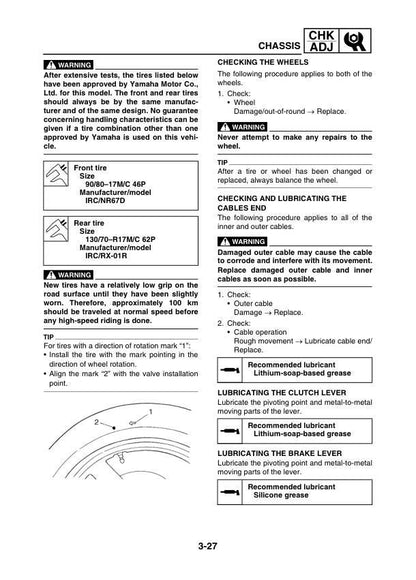 Yamaha YZF-R15 Motorcycle Service Manual sample page with diagrams and specifications