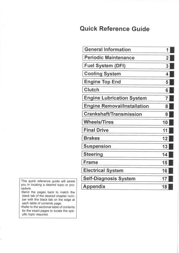 Kawasaki 1400GTR Concours 14 ABS Service Manual table of contents