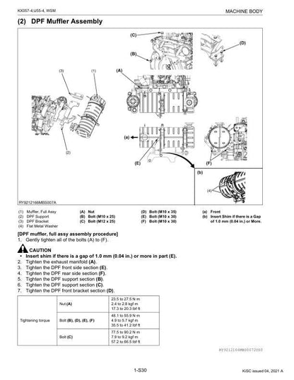 Kubota KX057-4 U55-4 Excavator Service Manual table of contents