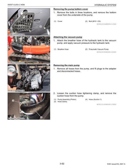 Kubota KX057-4 U55-4 Excavator Service Manual sample page with diagrams and specifications