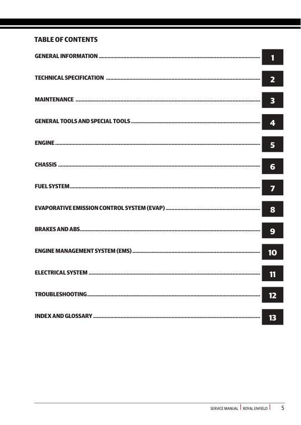 Royal Enfield Interceptor 650 Twin Service Manual table of contents