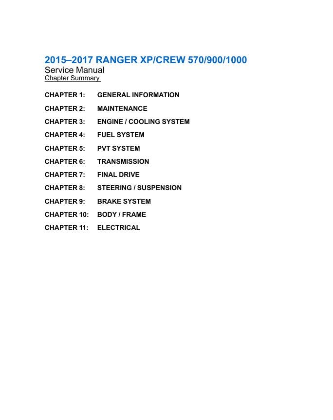Polaris Ranger XP & Crew 570 900 1000 Service Manual table of contents
