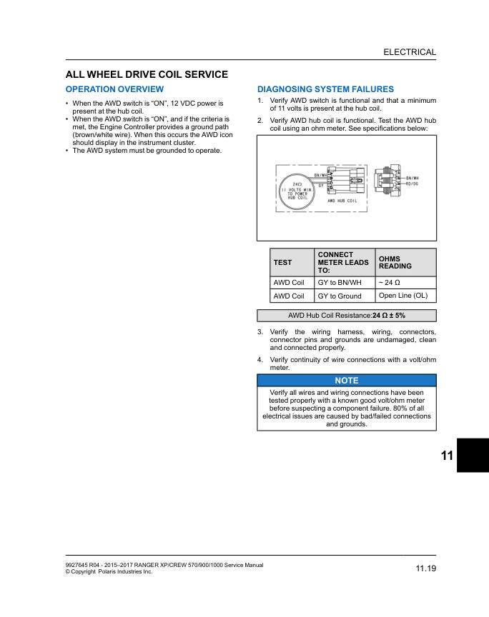 Polaris Ranger XP & Crew 570 900 1000 Service Manual sample page with service data and tables