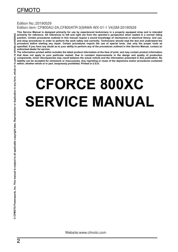 CFMOTO CFORCE 800XC Service Repair Manual factory service manual title page
